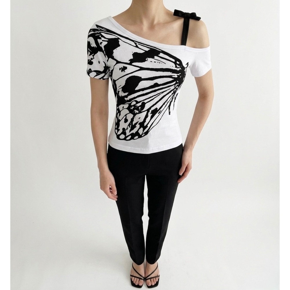 White Butterfly Wing One Shoulder Graphic Top with Black Bow Strap Asymmetric - Picture 4 of 4